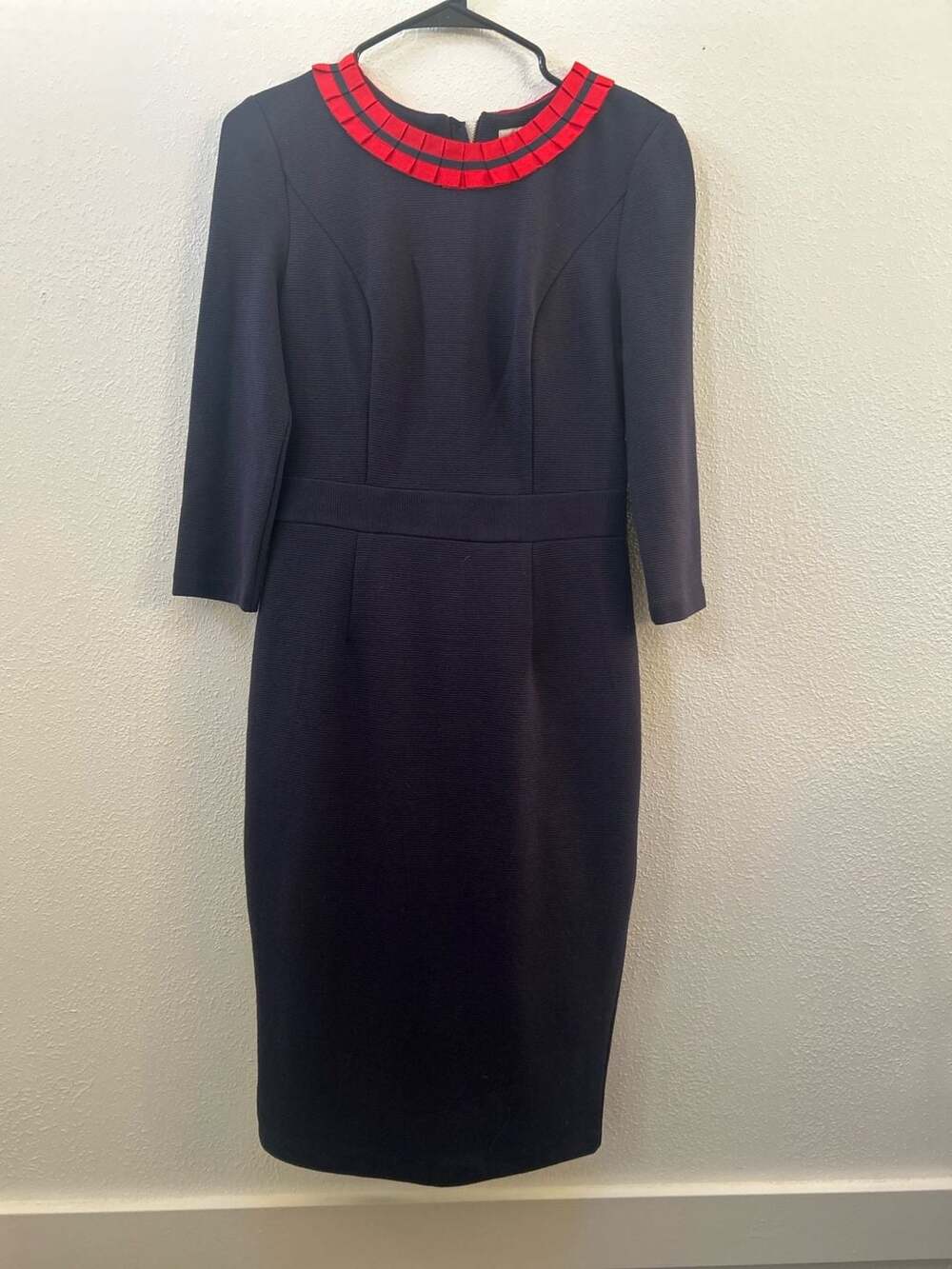 Boden Polperro Ottoman Ribbed Sheath Dress Navy Red Ribbon Trim